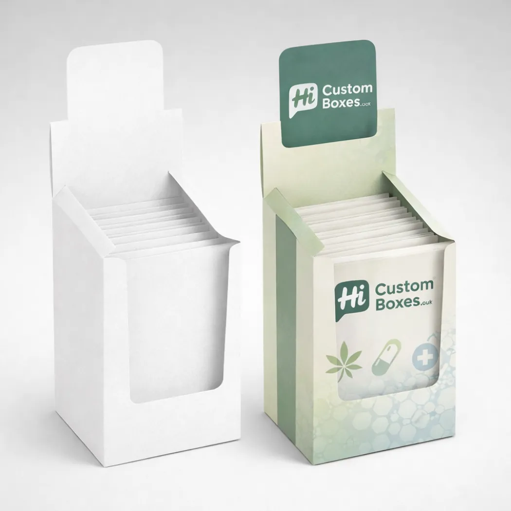 Countertop display units filled with individual sachets- shown in both unprinted white and branded green styles- class=